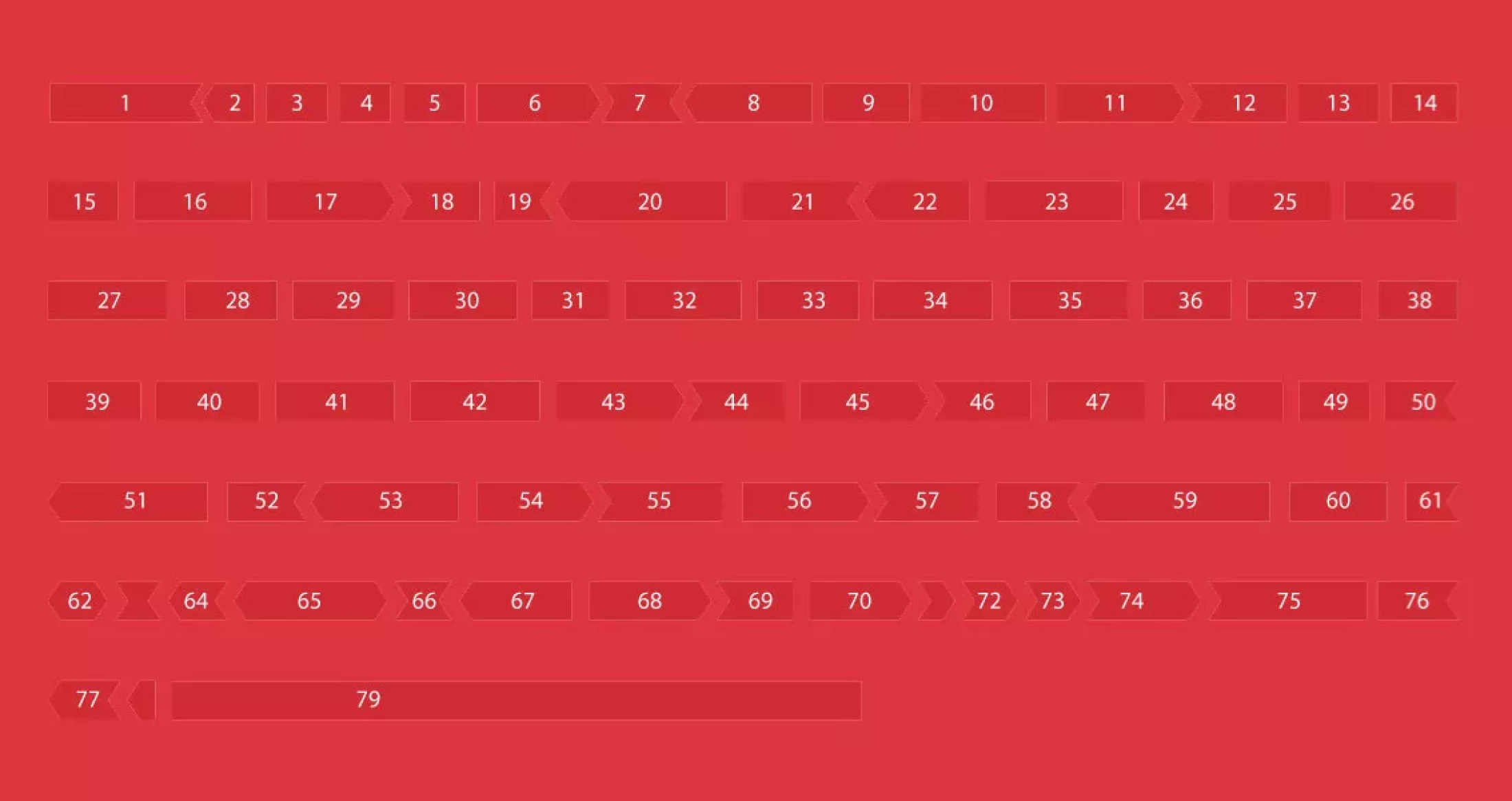 Illustration of the 79 unique parts of the dystrophin gene, with some numbers missing, representing potential mutations in Duchenne muscular dystrophy.